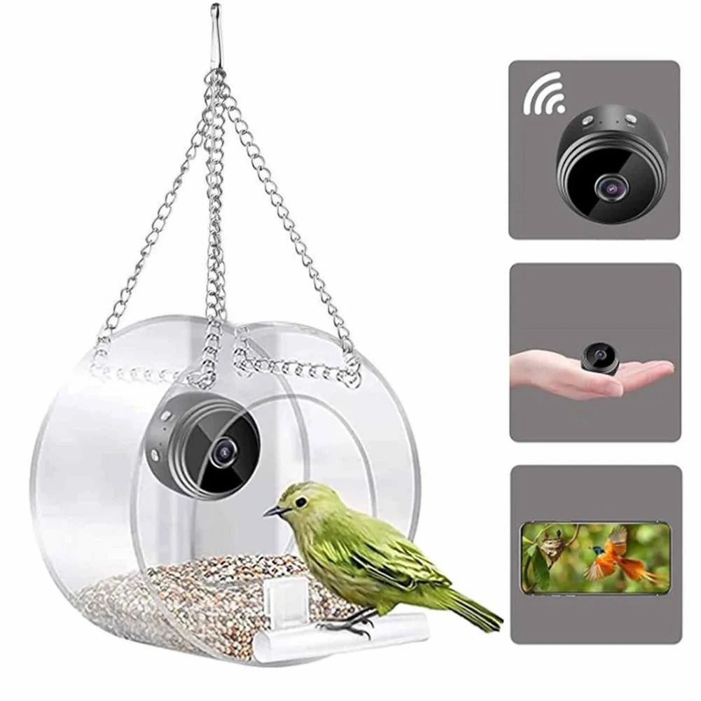 Smart Bird House Pet Feeder Acrylic with Camera Home Pet Bird Feeder Transparent 1080P HD Easy Installation for Outdoor Garden