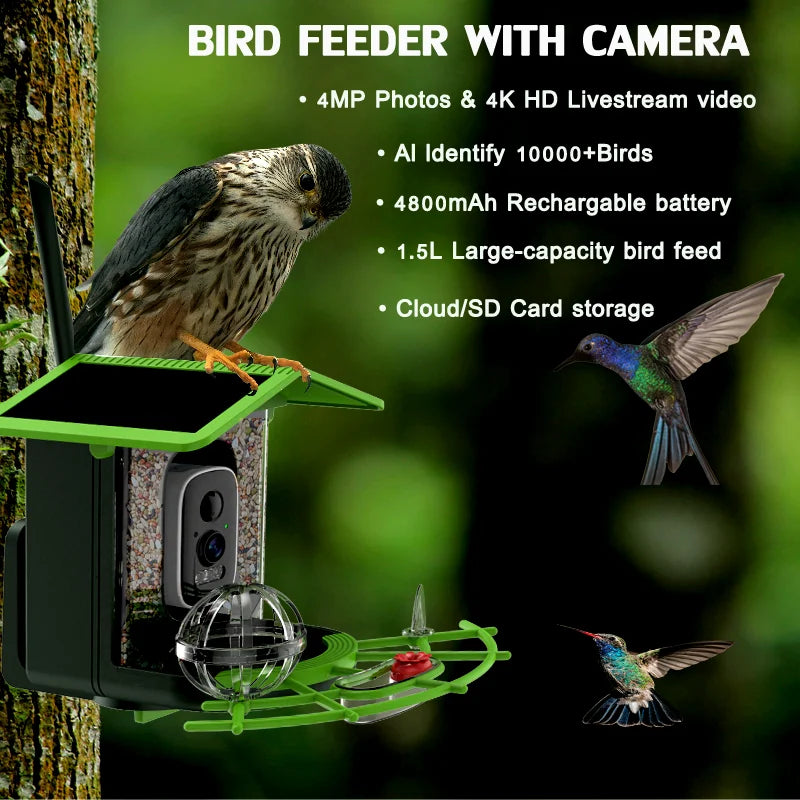 Smart Bird Feeder Camera 4MP Solar Powered Bird Watching Camera Wireless WiFi 2.4G&5G Bird Video Capture with Solar Panel