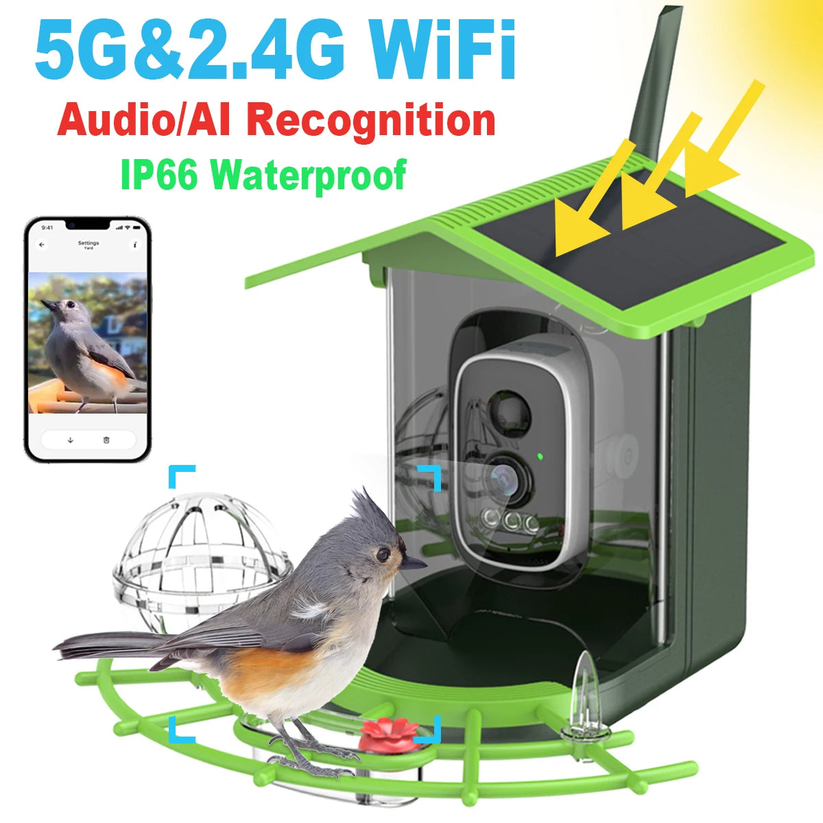 Smart Bird Feeder Camera 4MP Solar Powered Bird Watching Camera Wireless WiFi 2.4G&5G Bird Video Capture with Solar Panel