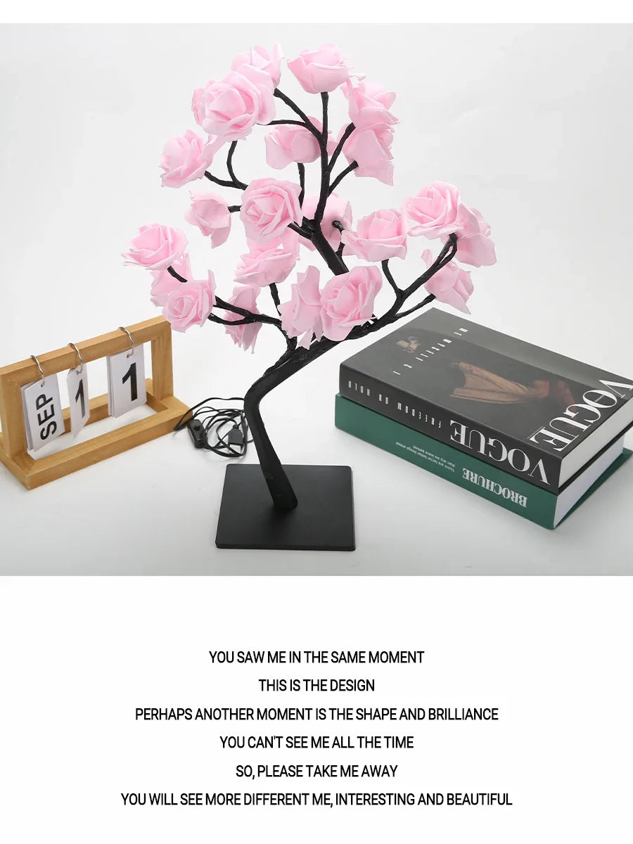 LED Rose Tree Desk Lamp USB Powered Artificial Flower Night Light Bedroom Living Room Party Wedding Valentine's Day Decoration