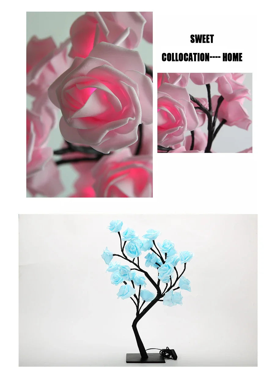 LED Rose Tree Desk Lamp USB Powered Artificial Flower Night Light Bedroom Living Room Party Wedding Valentine's Day Decoration