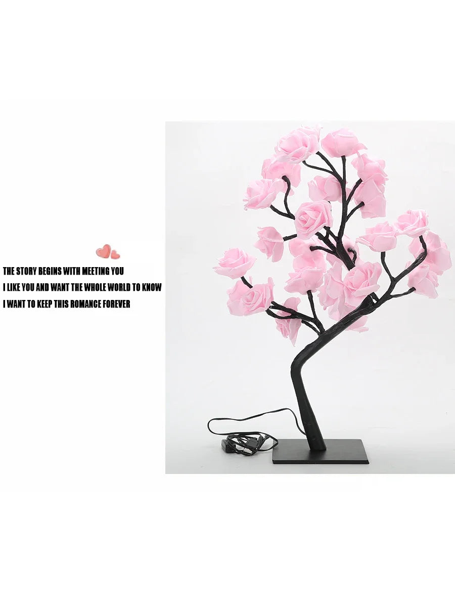 LED Rose Tree Desk Lamp USB Powered Artificial Flower Night Light Bedroom Living Room Party Wedding Valentine's Day Decoration