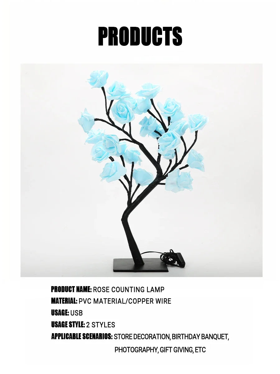 LED Rose Tree Desk Lamp USB Powered Artificial Flower Night Light Bedroom Living Room Party Wedding Valentine's Day Decoration