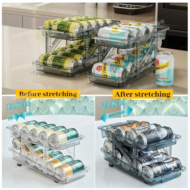2 Layer Expandable Storage Box Refrigerator Beverage Can Organizer Automatic Rolling Beer Dispenser